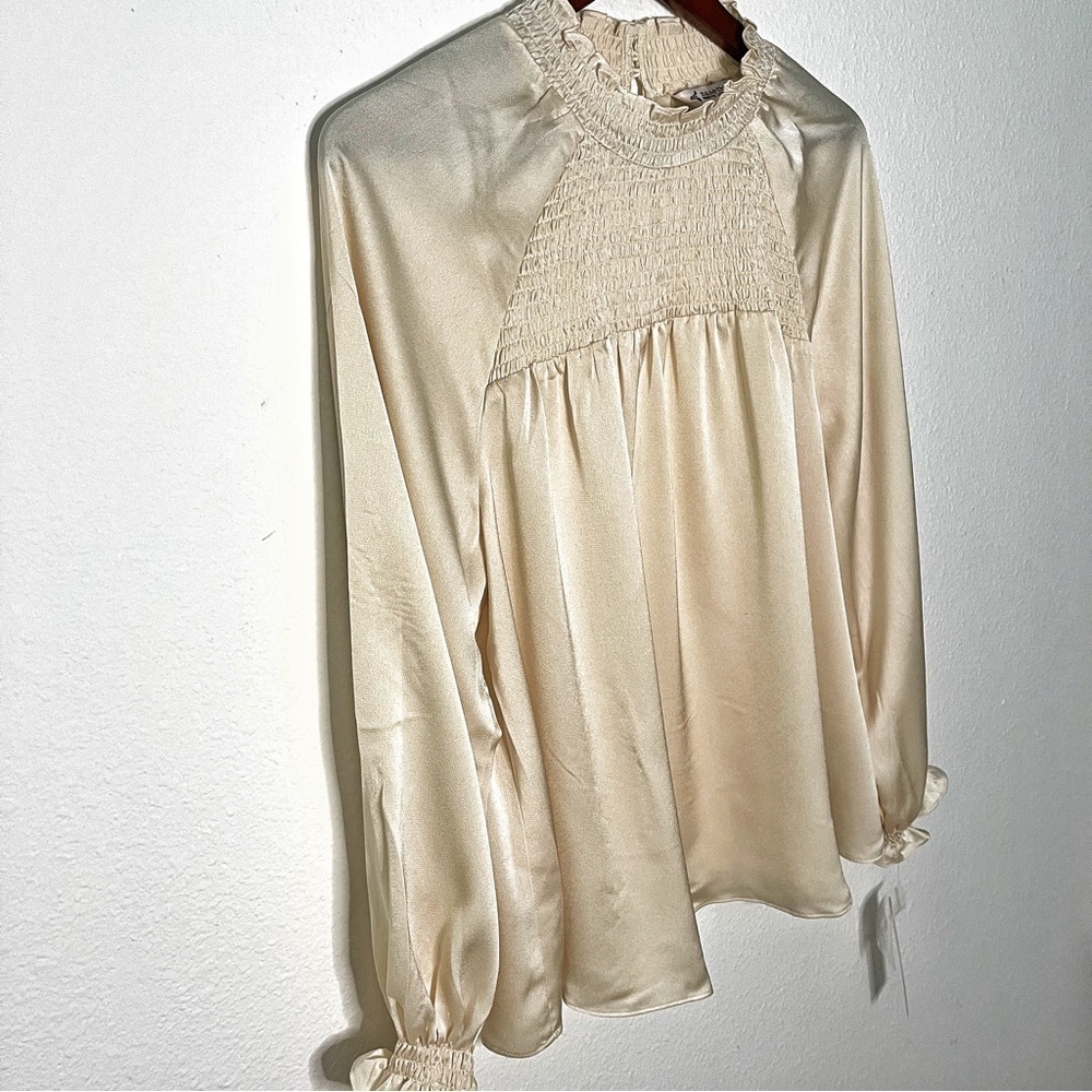 Nanette Lepore satin smocked neck and chest balloons sleeves beige XL NWT - Picture 7 of 13